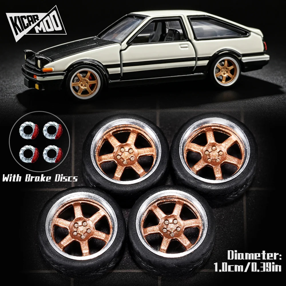 Kicarmod 1/64 Model Car ABS Wheels with Rubber Tire Brake Disc Metal Rims Diameter 10mm Refitting Parts For Model Car Hot Wheels