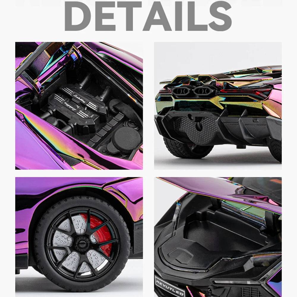 1:24 Scale REVUELTO Miniature Model Toy Sports Cars Alloy Diecast Supercars Sound Light Doors Opened Pull Back for Kids Gifts