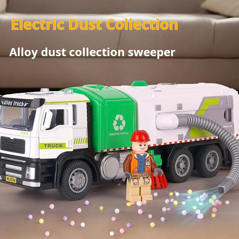 1/50 Scale Alloy Electric Vacuum Sweeper Model Sanitation Engineering Vehicle Kids Toy Pull Back Urban Road Cleaning Car Fun