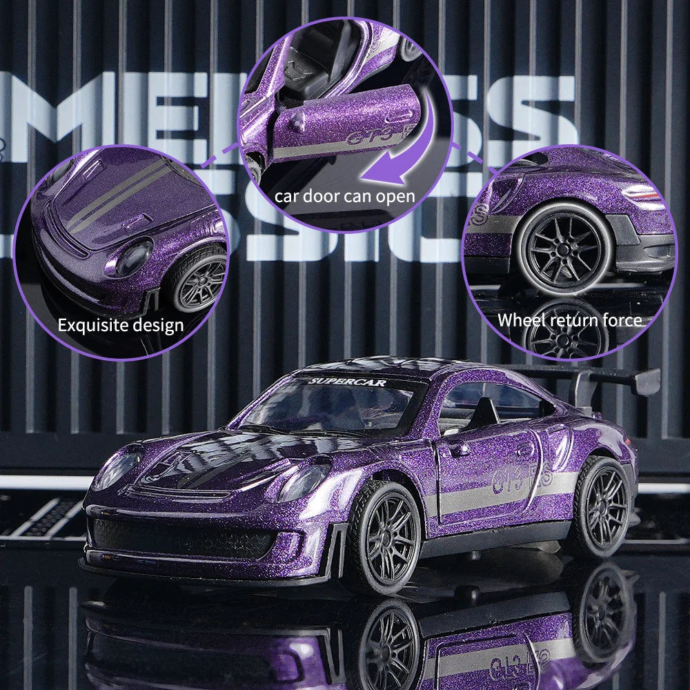 Diecast GT3 RS Model, Alloy Supercar Decor, 11cm Purple Collectible Vehicle with Openable Doors, Premium Ornament for Car Enthus