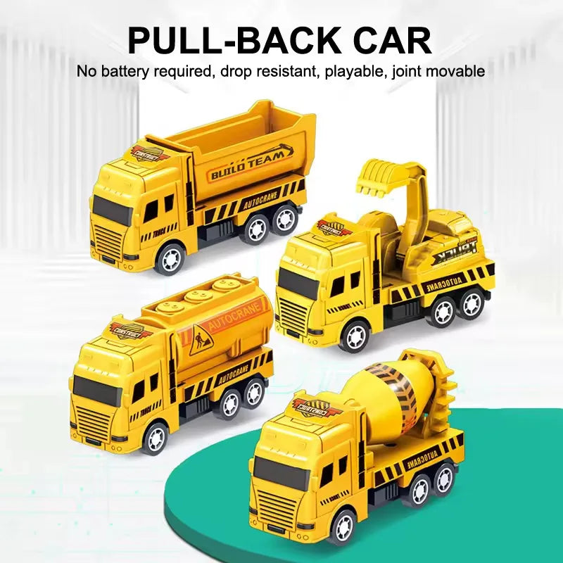 4 Pack Pull Back Cars, Friction Powered Toy Vehicles Construction Set - Dump Truck Crane for Toddlers Boys Girls Gift