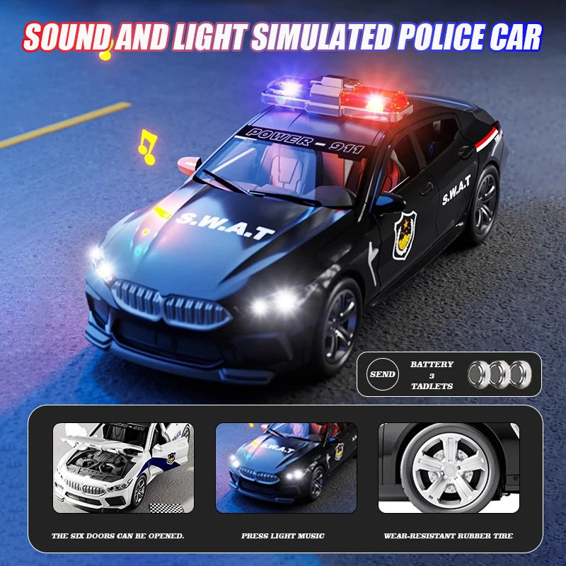 1:32 Simulation BMW M8 Police Car Car Model Car With Sound and Light High Simulation Kids Gift Collection Kids Gifts