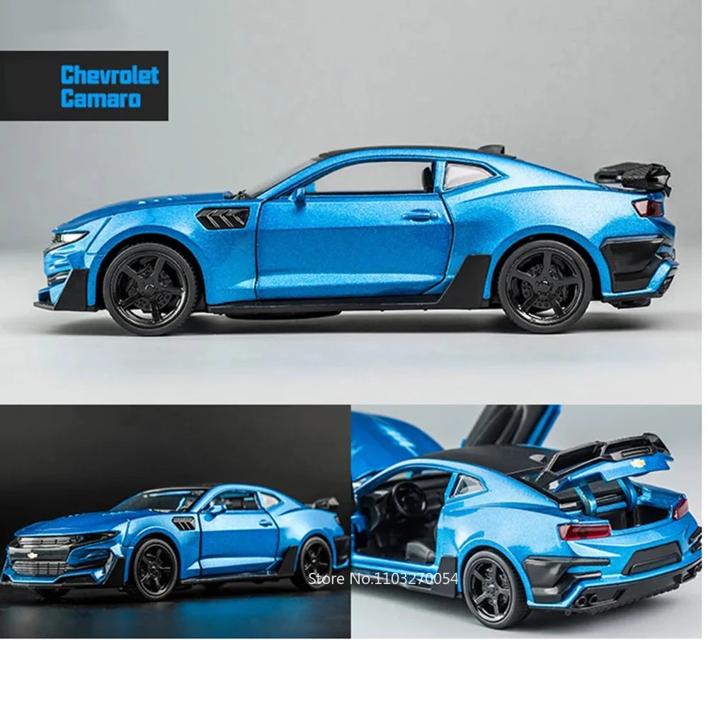 Scale 1/32 Camaro Toys Model Car Alloy Metal Diecast With 4 Door Opened Sound Light Pull Back Vehicle for Boy Gift Collection
