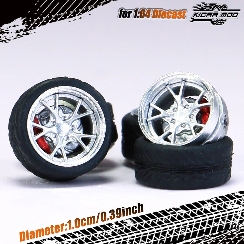 Kicarmod 1/64 Model Car ABS Wheels with Rubber Tire Brake Disc Metal Rims Diameter 10mm Refitting Parts For Model Car Hot Wheels