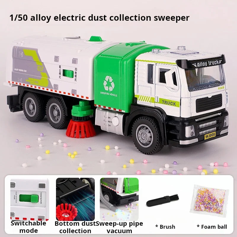 1/50 Scale Alloy Electric Vacuum Sweeper Model Sanitation Engineering Vehicle Kids Toy Pull Back Urban Road Cleaning Car Fun