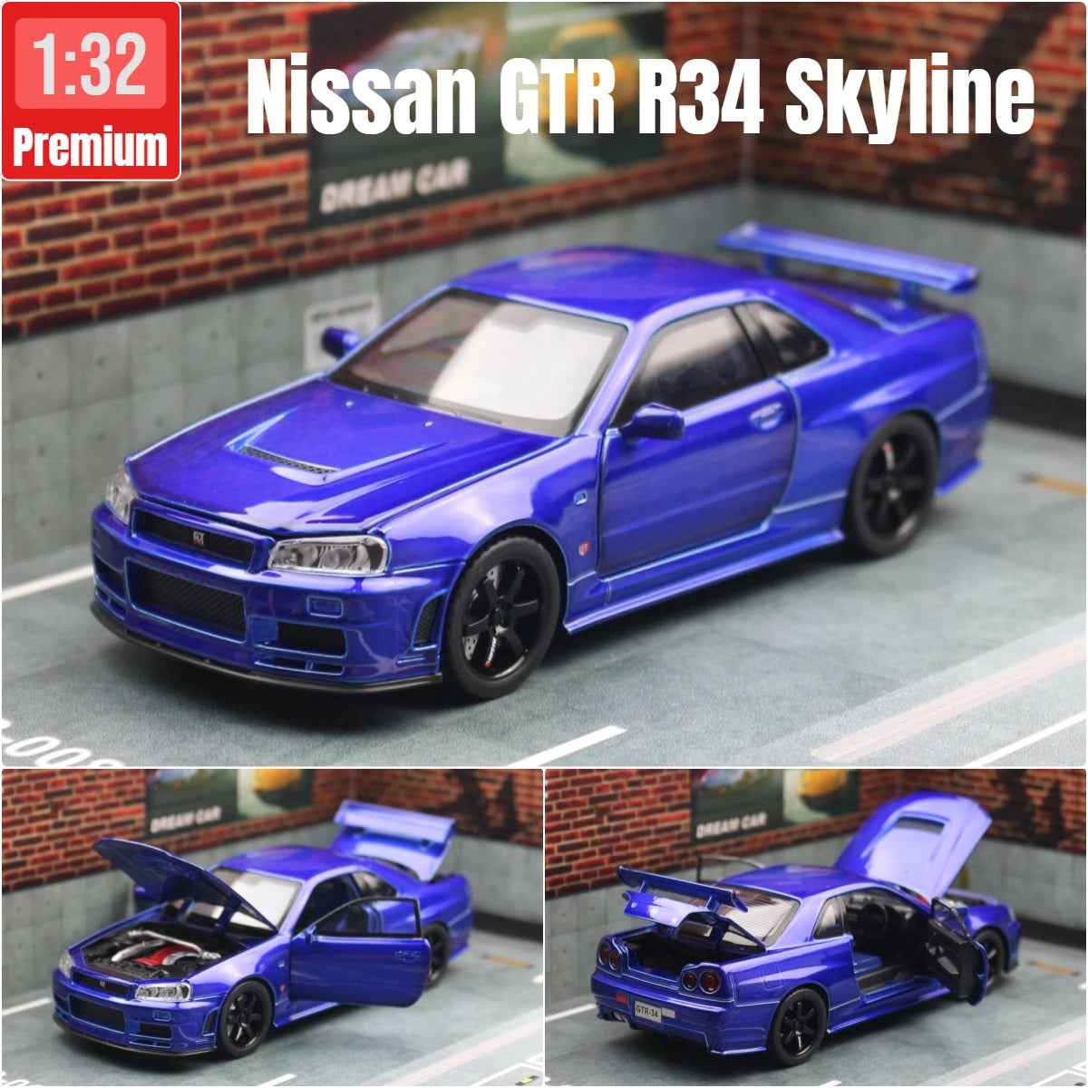 1/32 نيسان سكايلاين GTR R34 JDM نموذج سيارة لعبة مصغرة من المعدن المصبوب صوت وضوء سحب للخلف هدية مجموعة للأطفال الأولاد