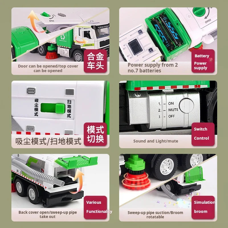 1/50 Scale Alloy Electric Vacuum Sweeper Model Sanitation Engineering Vehicle Kids Toy Pull Back Urban Road Cleaning Car Fun