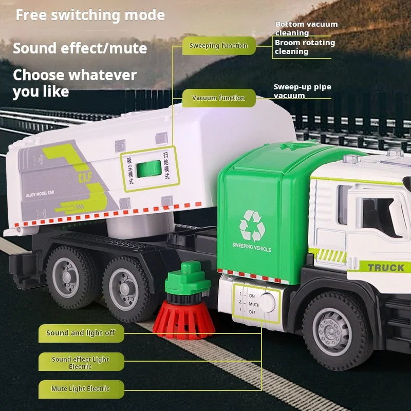 1/50 Scale Alloy Electric Vacuum Sweeper Model Sanitation Engineering Vehicle Kids Toy Pull Back Urban Road Cleaning Car Fun