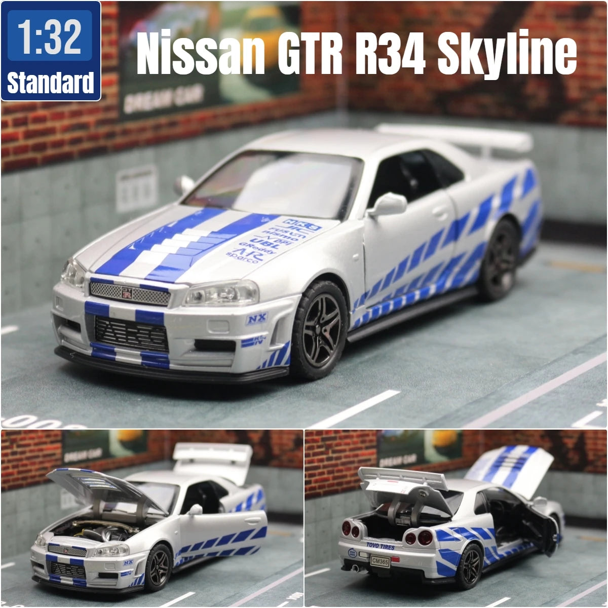 1/32 نيسان سكايلاين GTR R34 JDM نموذج سيارة لعبة مصغرة من المعدن المصبوب صوت وضوء سحب للخلف هدية مجموعة للأطفال الأولاد