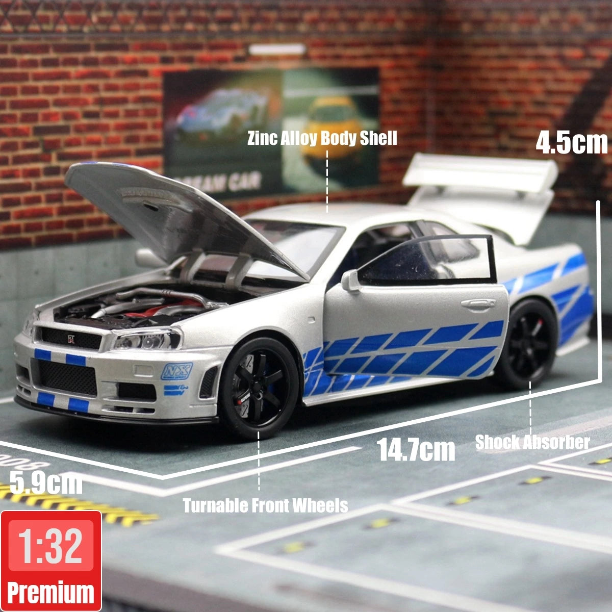 1/32 نيسان سكايلاين GTR R34 JDM نموذج سيارة لعبة مصغرة من المعدن المصبوب صوت وضوء سحب للخلف هدية مجموعة للأطفال الأولاد