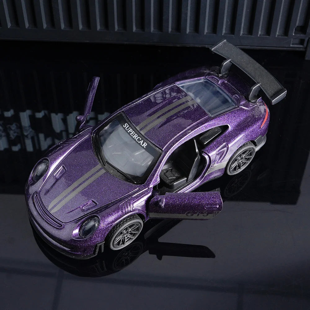Diecast GT3 RS Model, Alloy Supercar Decor, 11cm Purple Collectible Vehicle with Openable Doors, Premium Ornament for Car Enthus