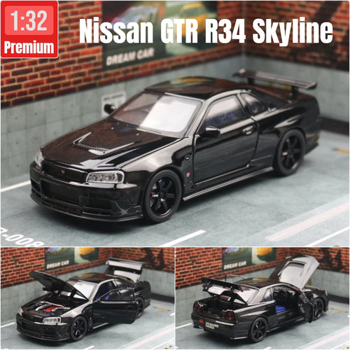 1/32 نيسان سكايلاين GTR R34 JDM نموذج سيارة لعبة مصغرة من المعدن المصبوب صوت وضوء سحب للخلف هدية مجموعة للأطفال الأولاد