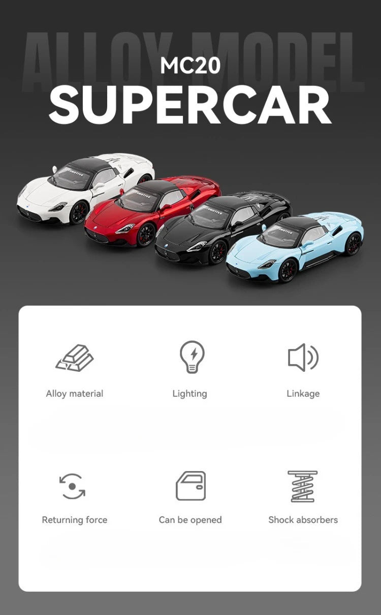 Diecast Alloy 1:24 Maser MC20 Convertible Supercar Model with Sound and Light Pull Back Children's Toy Vehicle Ornaments Gift