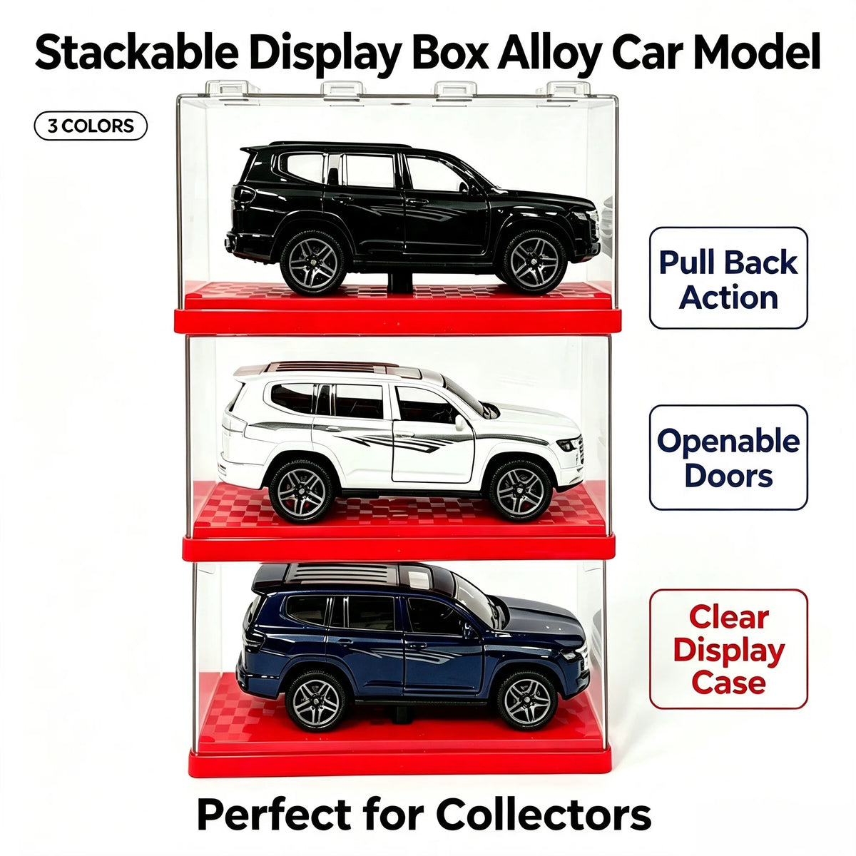 1:32 Die-cast Alloy SUV Model Car with Stackable Display Case, Openable Doors, Pull Back Action, Collectible Vehicle Toy