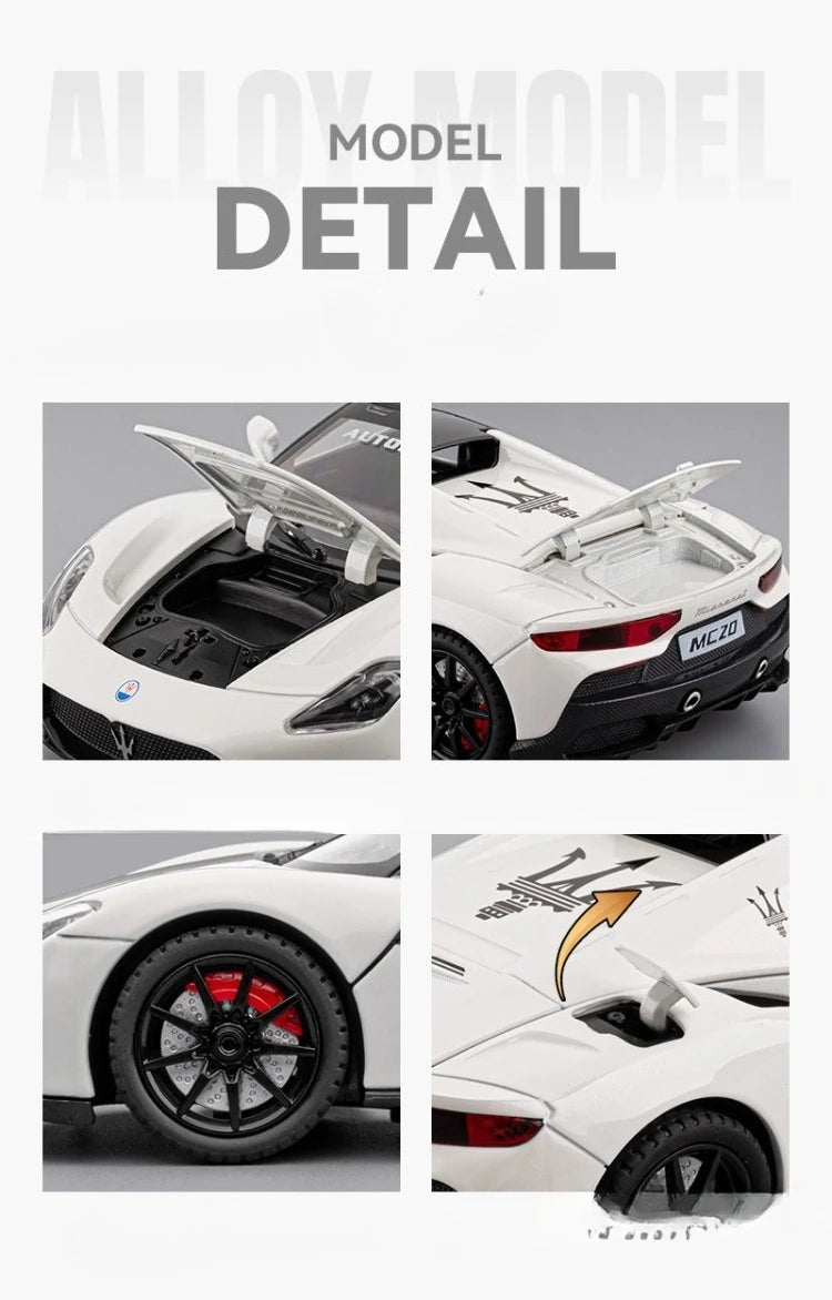 Diecast Alloy 1:24 Maser MC20 Convertible Supercar Model with Sound and Light Pull Back Children's Toy Vehicle Ornaments Gift