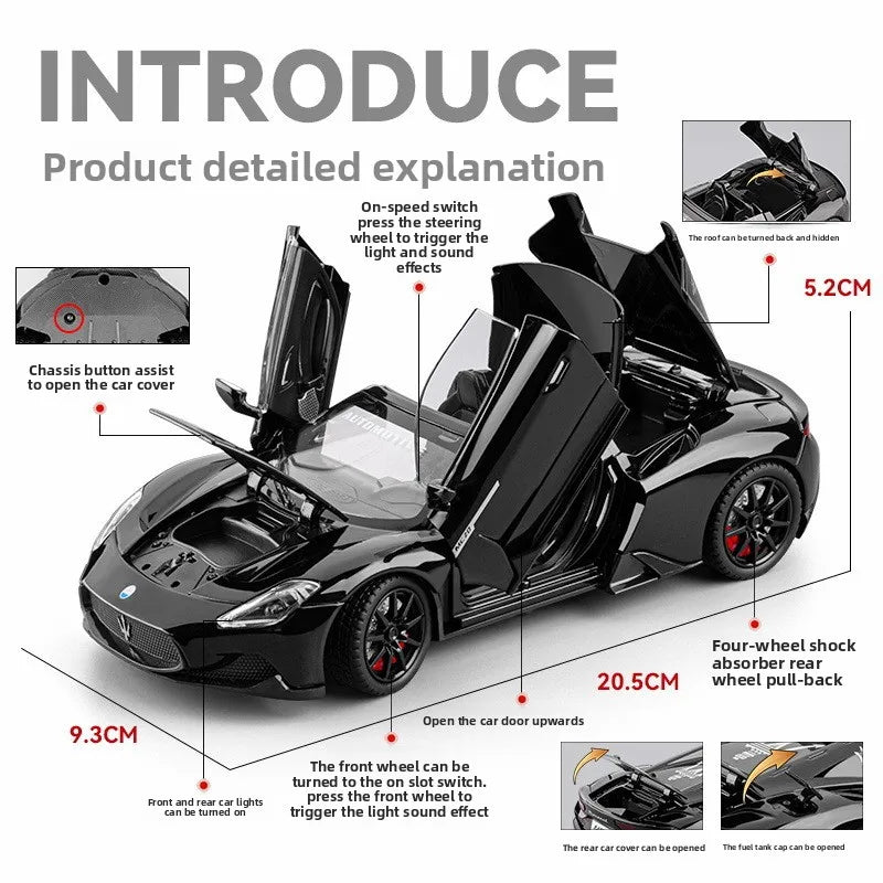 Diecast Alloy 1:24 Maser MC20 Convertible Supercar Model with Sound and Light Pull Back Children's Toy Vehicle Ornaments Gift