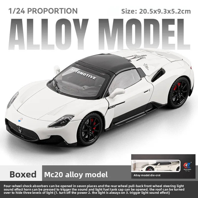 Diecast Alloy 1:24 Maser MC20 Convertible Supercar Model with Sound and Light Pull Back Children's Toy Vehicle Ornaments Gift