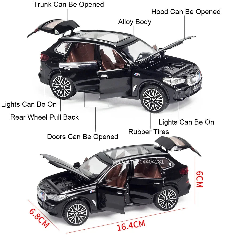 1:32 X5 M8 Alloy Models Toys Diecast Cars 6 Doors Opened with Sound Light Pull Back Rubber Tires Miniature Vehices Holiday Gifts