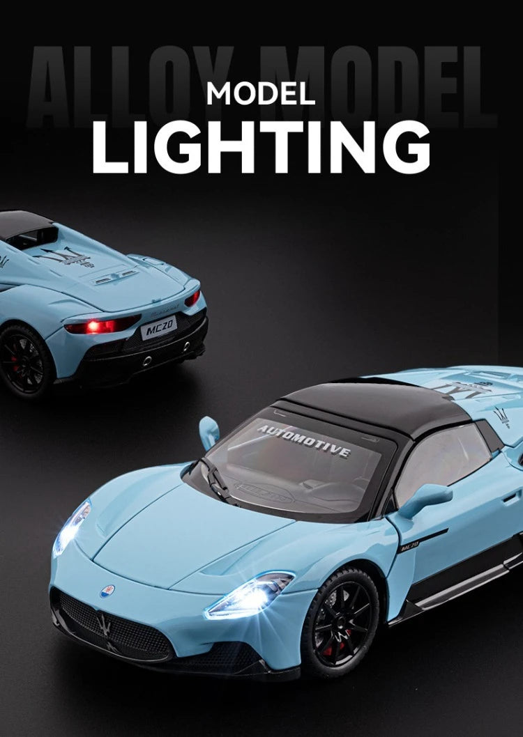 Diecast Alloy 1:24 Maser MC20 Convertible Supercar Model with Sound and Light Pull Back Children's Toy Vehicle Ornaments Gift