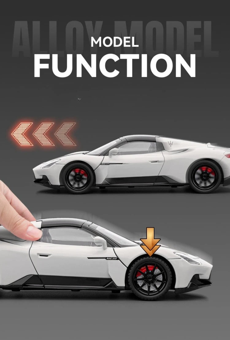 Diecast Alloy 1:24 Maser MC20 Convertible Supercar Model with Sound and Light Pull Back Children's Toy Vehicle Ornaments Gift