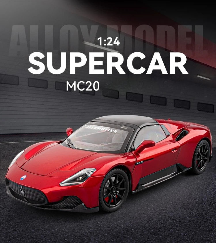 Diecast Alloy 1:24 Maser MC20 Convertible Supercar Model with Sound and Light Pull Back Children's Toy Vehicle Ornaments Gift