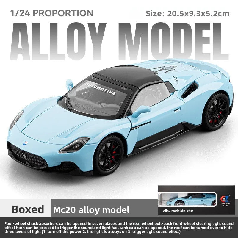 Diecast Alloy 1:24 Maser MC20 Convertible Supercar Model with Sound and Light Pull Back Children's Toy Vehicle Ornaments Gift