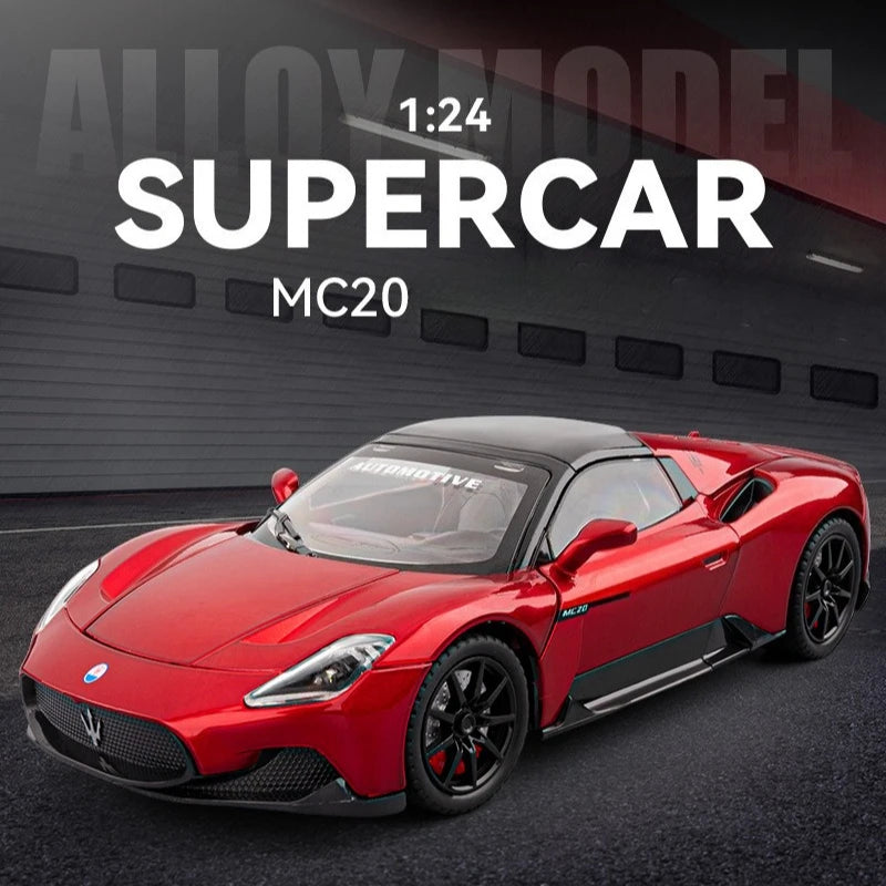 Diecast Alloy 1:24 Maser MC20 Convertible Supercar Model with Sound and Light Pull Back Children's Toy Vehicle Ornaments Gift