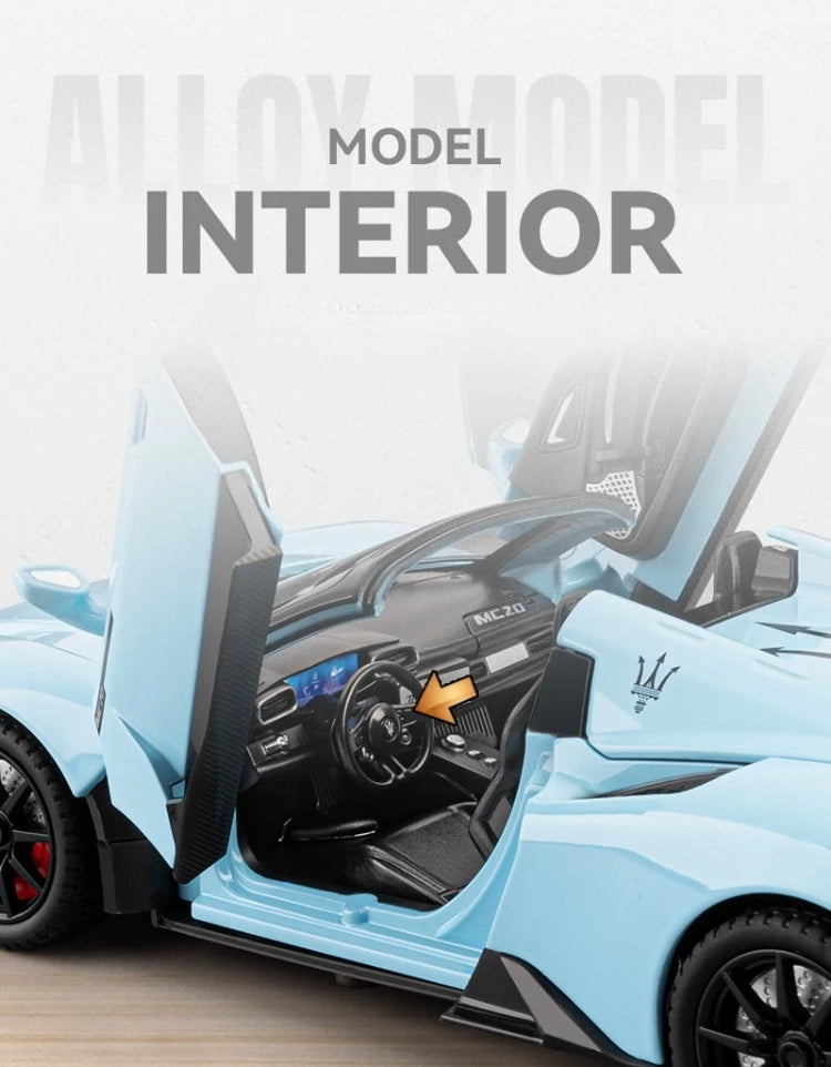 Diecast Alloy 1:24 Maser MC20 Convertible Supercar Model with Sound and Light Pull Back Children's Toy Vehicle Ornaments Gift