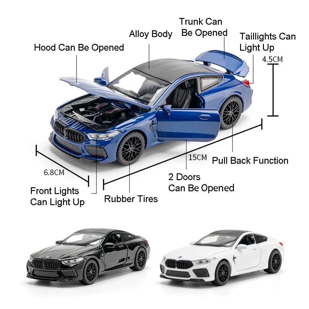 1:32 X5 M8 Alloy Models Toys Diecast Cars 6 Doors Opened with Sound Light Pull Back Rubber Tires Miniature Vehices Holiday Gifts
