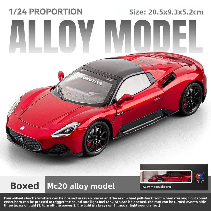 Diecast Alloy 1:24 Maser MC20 Convertible Supercar Model with Sound and Light Pull Back Children's Toy Vehicle Ornaments Gift