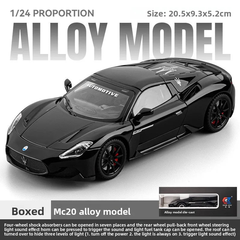 Diecast Alloy 1:24 Maser MC20 Convertible Supercar Model with Sound and Light Pull Back Children's Toy Vehicle Ornaments Gift