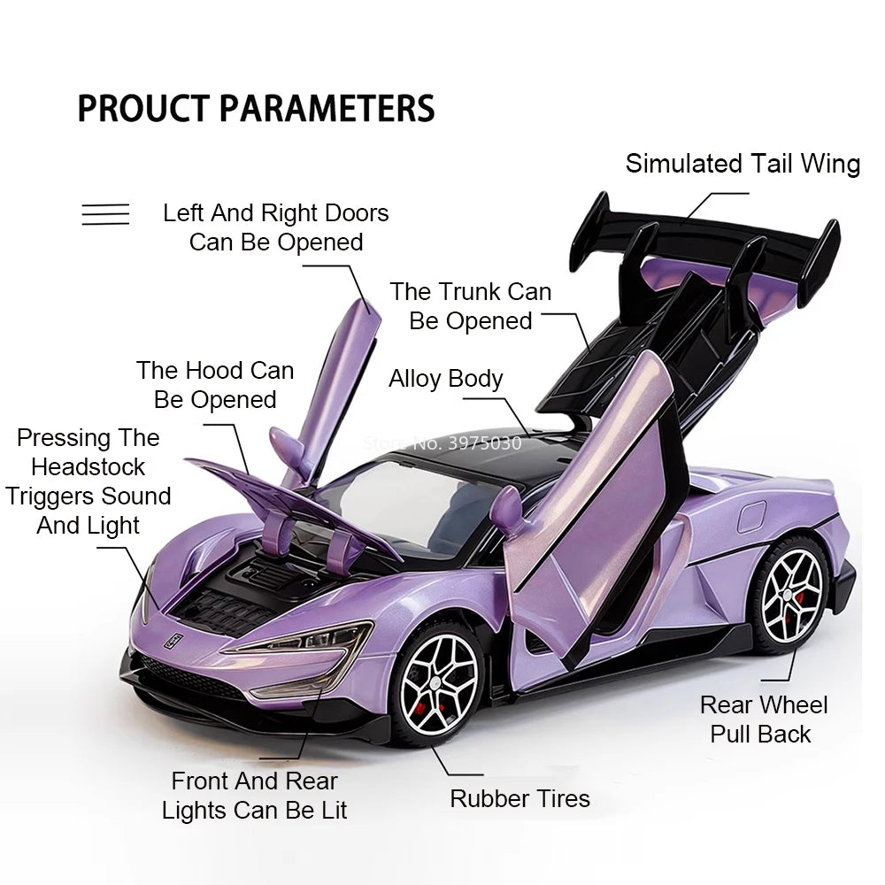 1:32 Alloy Diecast BYD YANGWANG U9 Toys Cars Miniature Model with Light Music Supercar 4 Doors Opened Vehicle Boys Perfect Gifts