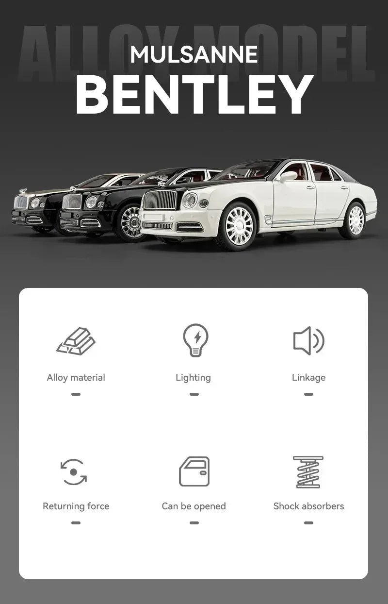 Diecast 1:24 Scale Bentley Mulsanne Alloy Model Car Collection Vehicle Simulation Sound & Light Metal Toy Car Toy For Kids Gift