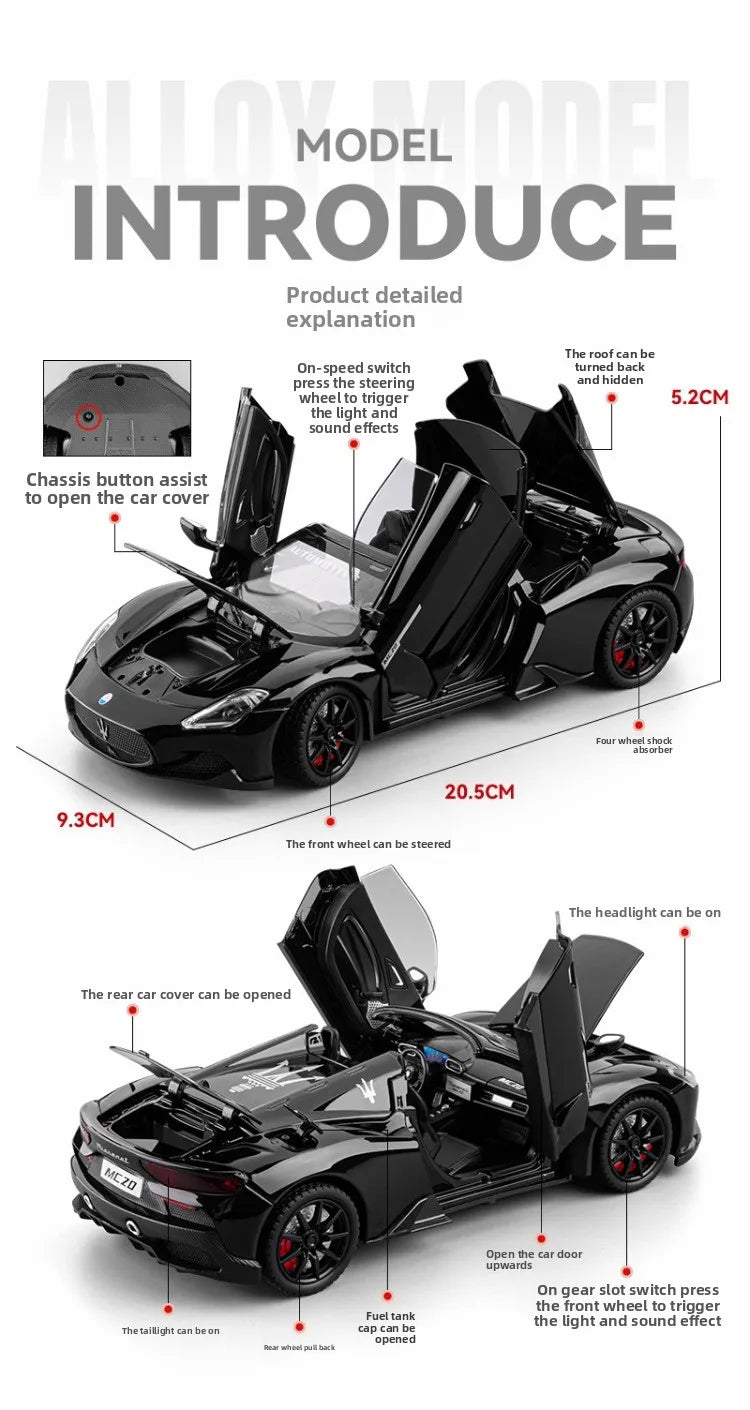 Diecast Alloy 1:24 Maser MC20 Convertible Supercar Model with Sound and Light Pull Back Children's Toy Vehicle Ornaments Gift