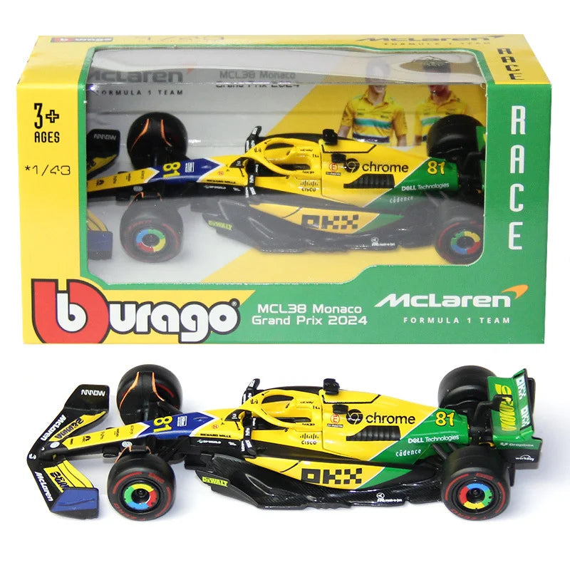 Bburago 1:43 2024 F1 Mclaren MCL38 Monaco Grand Prix Alloy Car Miniature Diecast Model #4 Lando Norris #81 Oscar Piastri Toy