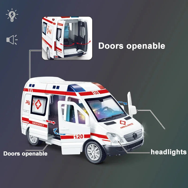 1:32 Mini Car Diecast Ambulance Fire-Truck Policecar Model Sound And Light Vehicle Simulation Collection Gifts Toys