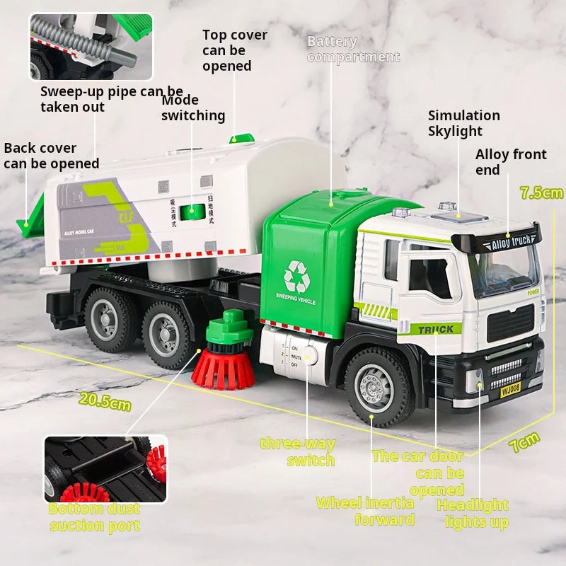 1/50 Scale Alloy Electric Vacuum Sweeper Model Sanitation Engineering Vehicle Kids Toy Pull Back Urban Road Cleaning Car Fun