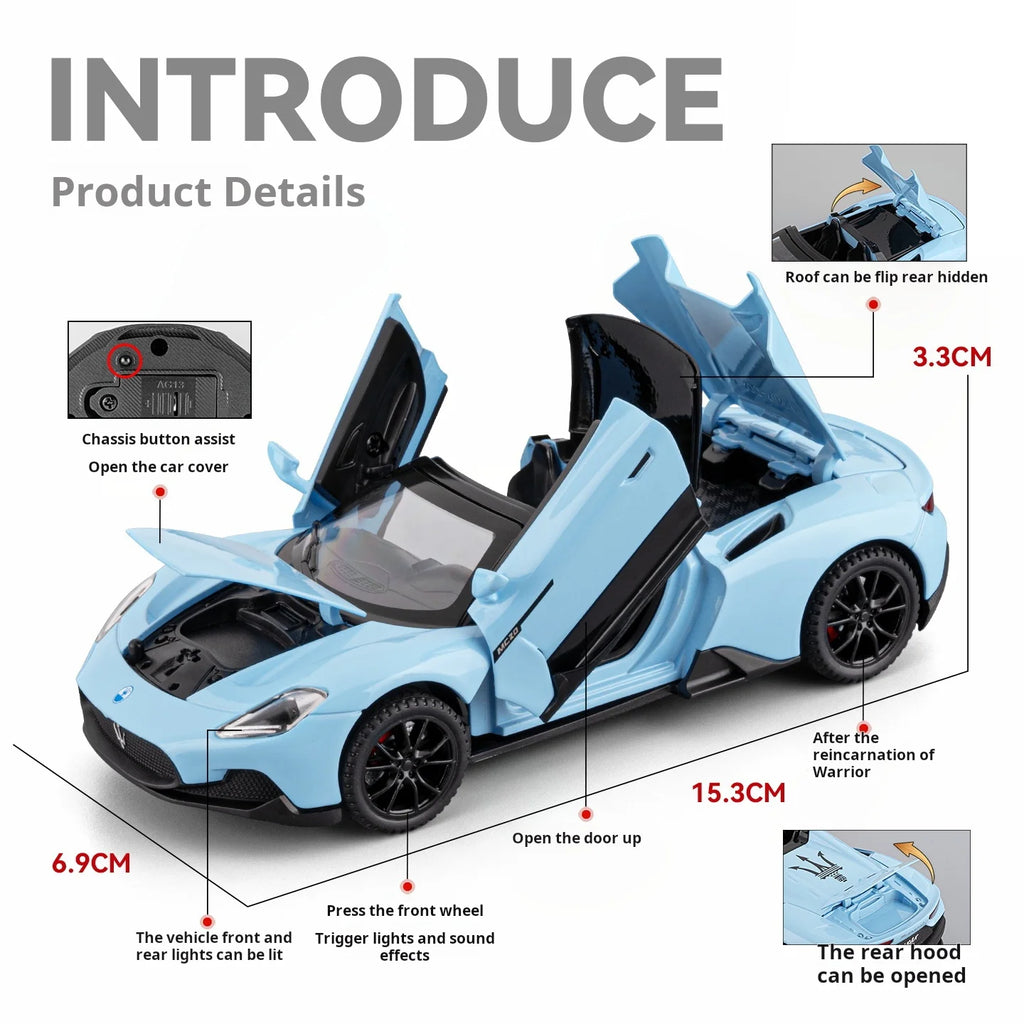 1:32 Maserati MC20 Model Exquisite Alloy Simulation Convertible Super Car Collection Gift Desktop Decoration Light & Sound
