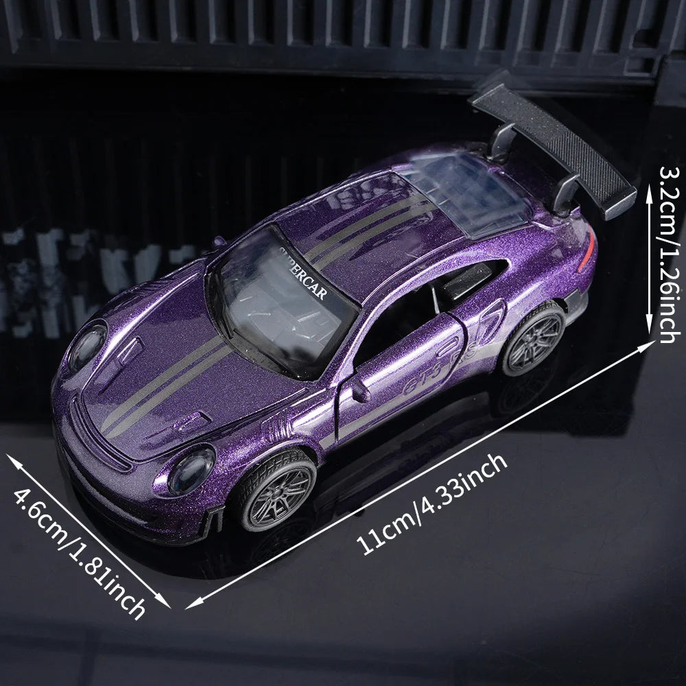 Diecast GT3 RS Model, Alloy Supercar Decor, 11cm Purple Collectible Vehicle with Openable Doors, Premium Ornament for Car Enthus