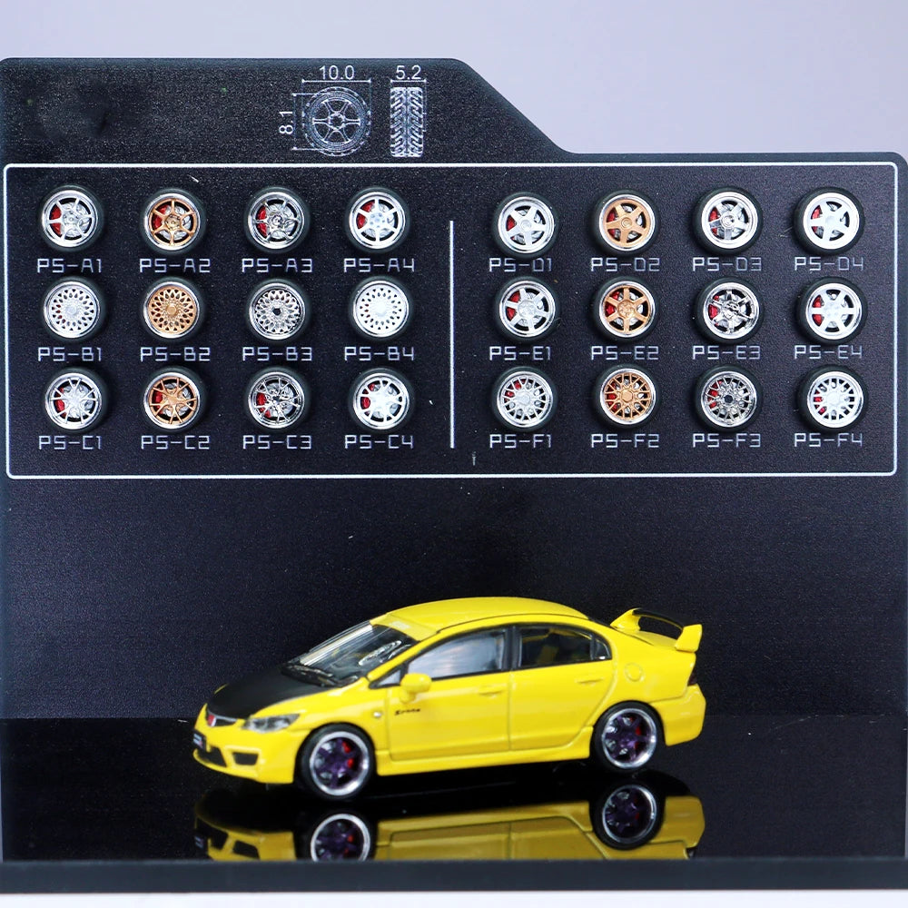 Kicarmod 1/64 Model Car ABS Wheels with Rubber Tire Brake Disc Metal Rims Diameter 10mm Refitting Parts For Model Car Hot Wheels