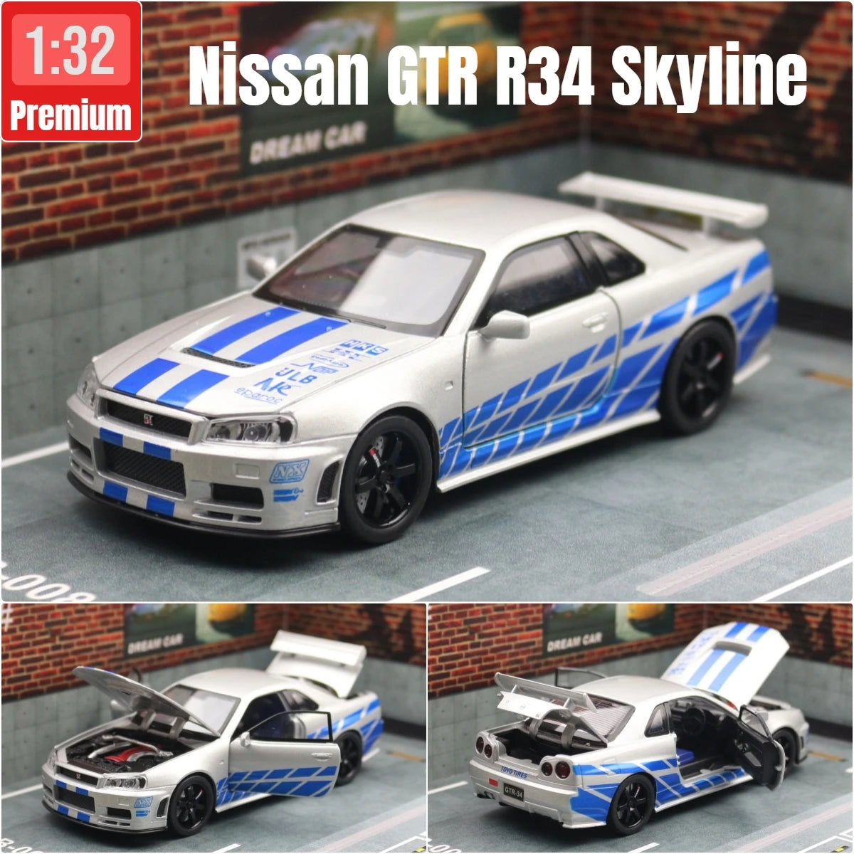 1/32 نيسان سكايلاين GTR R34 JDM نموذج سيارة لعبة مصغرة من المعدن المصبوب صوت وضوء سحب للخلف هدية مجموعة للأطفال الأولاد